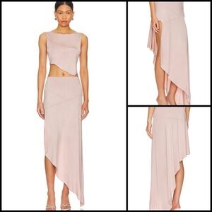 NBD Champagne Coquette Asymmetrical Hi Cut Silky Slinky Party Midi Skirt Size S